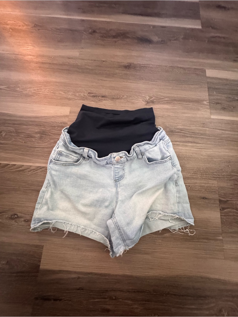 Time and Tru Light Wash Denim Maternity Shorts with Black Belly Panel